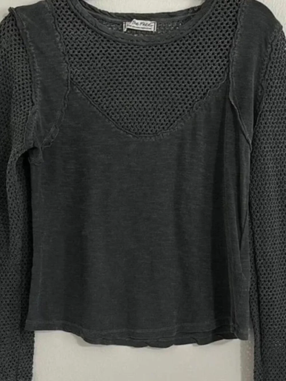 Free People Charcoal Gray Black Mesh Long Sleeve Top Size XS